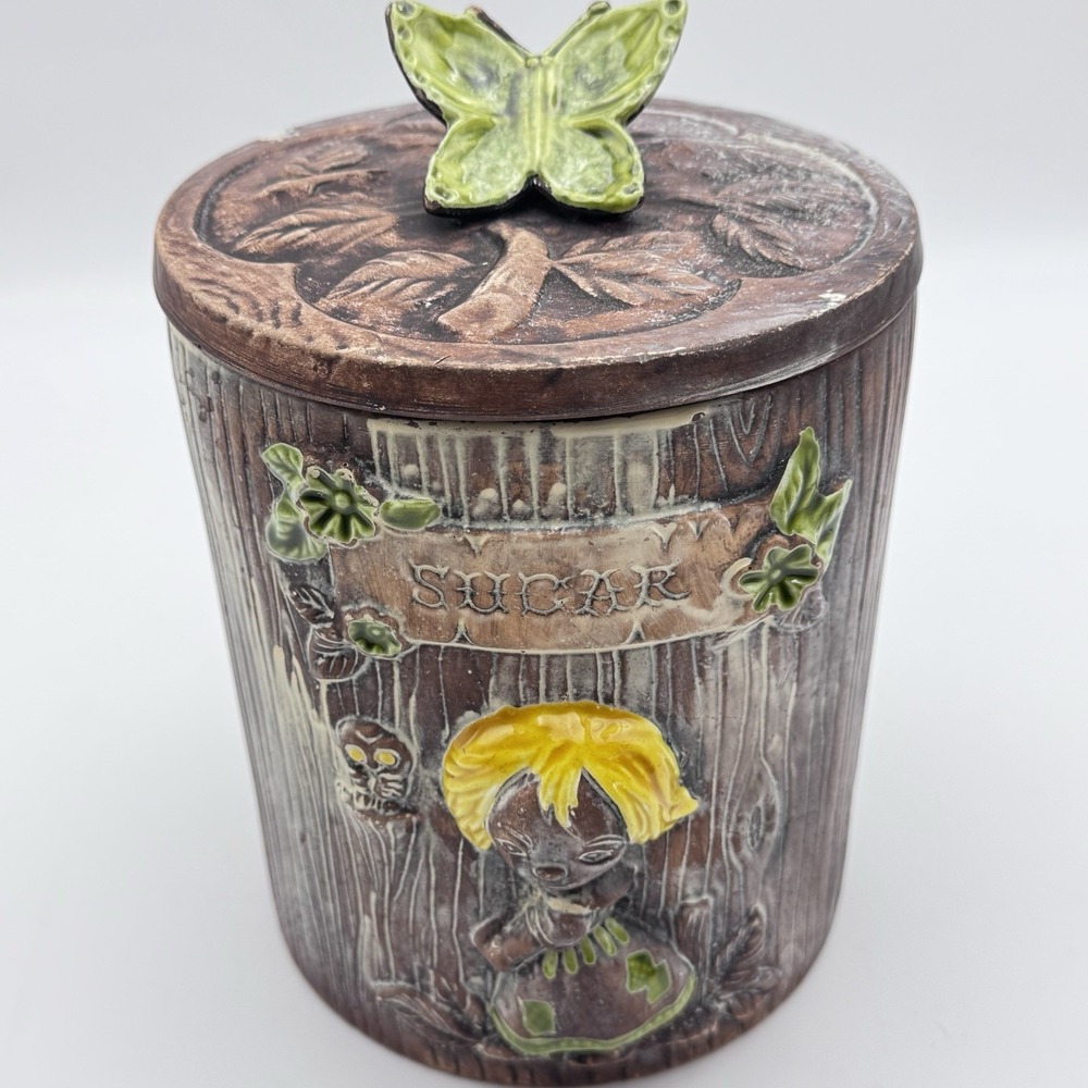 VTG Treasure Craft Sugar Jar Green Butterfly &Girl Ceramic WoodGrain CottageCore